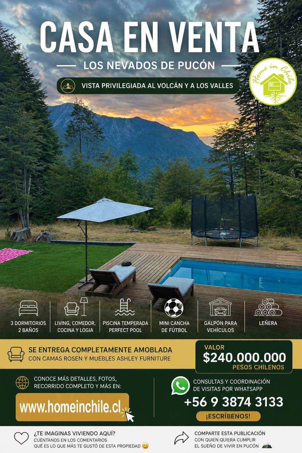Espectacular Casa en Los Nevados, Pucón. (1 Hectárea)